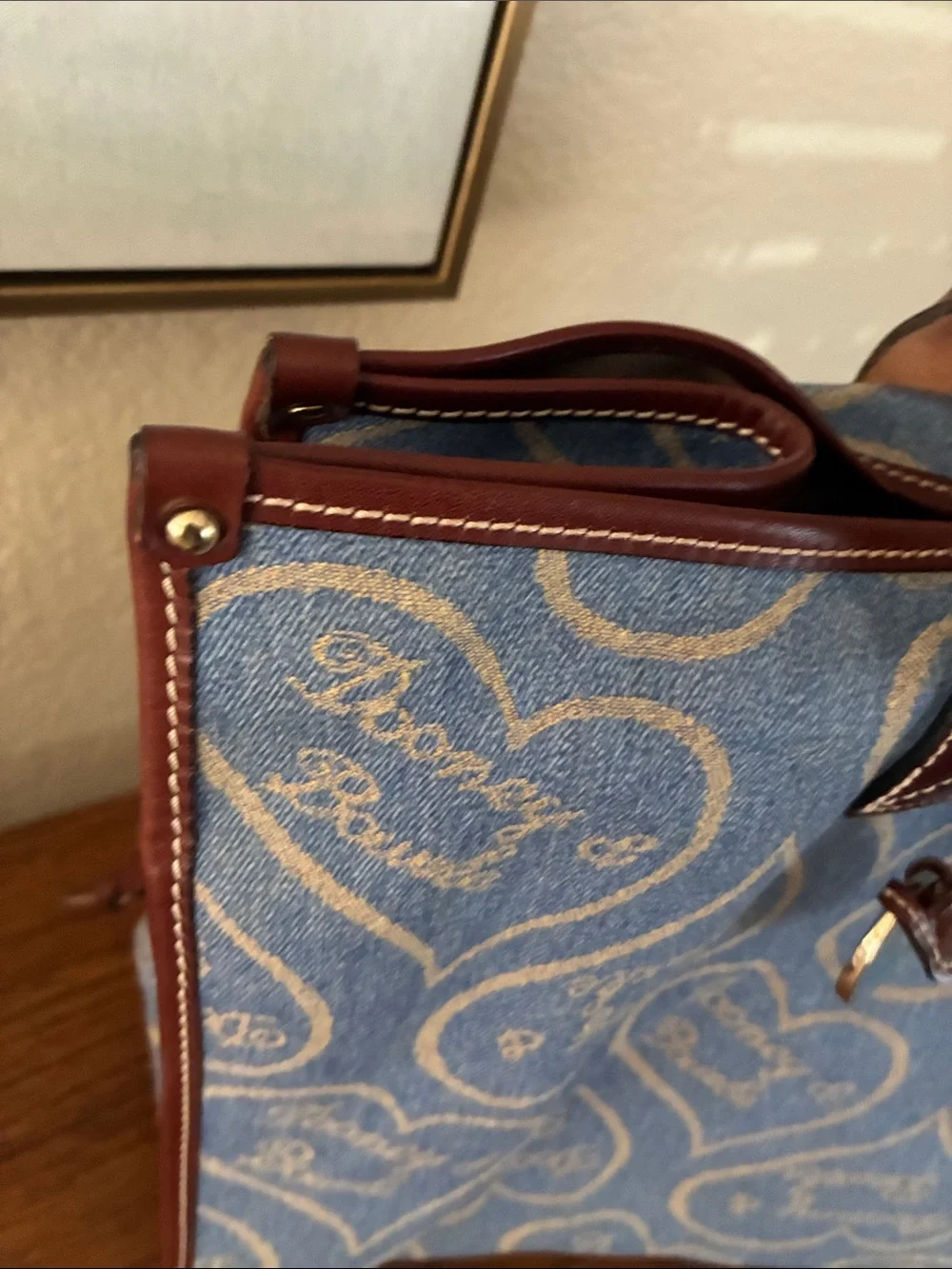 Dooney & Bourke rare vintage Blue Heart-denim leather trim tote bag